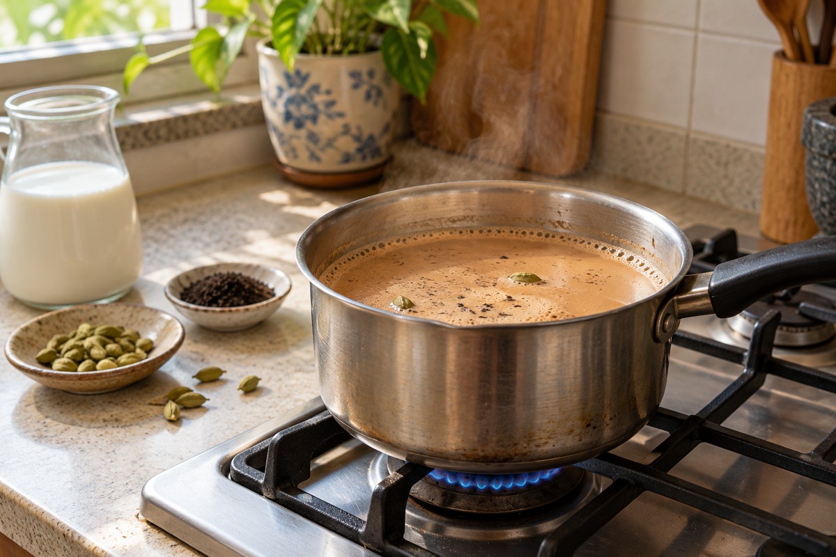 آماده سازی چای کرک با شیر و هل روی اجاق
