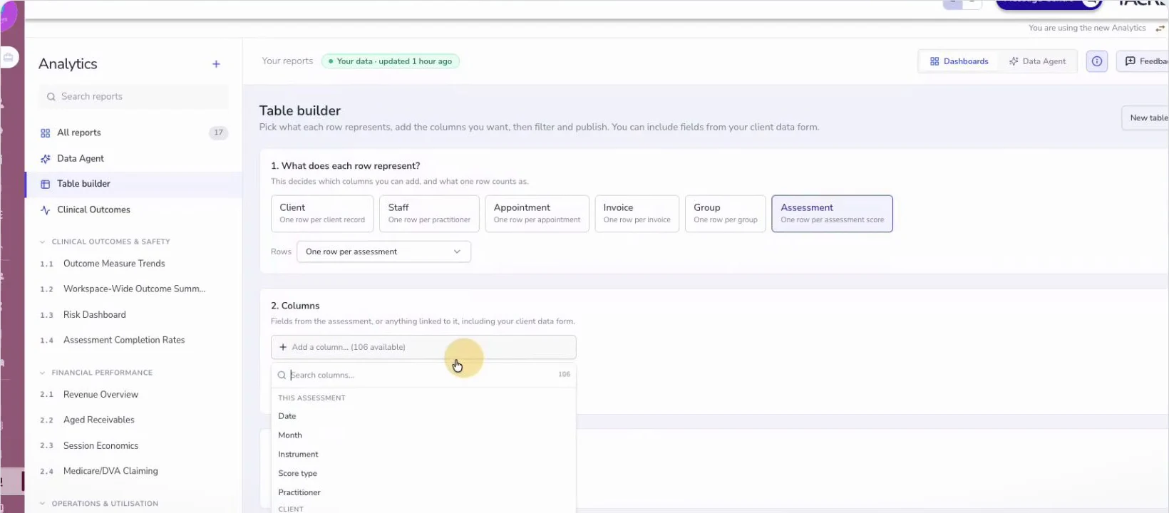 Tacklit table builder asking what each row represents, with options Client, Staff, Appointment, Invoice, Group and Assessment, and a searchable column picker