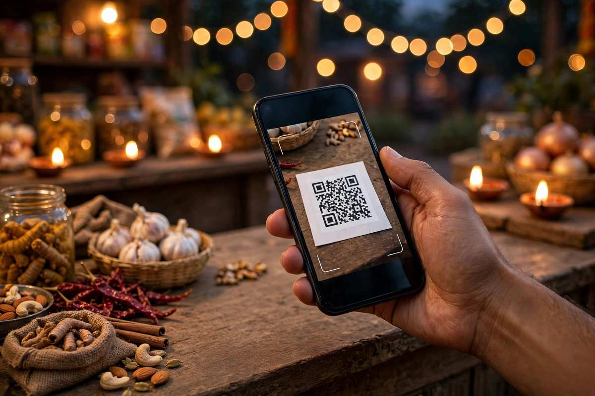 दुकान के काउंटर पर QR कोड स्कैन करके UPI पेमेंट करता ग्राहक