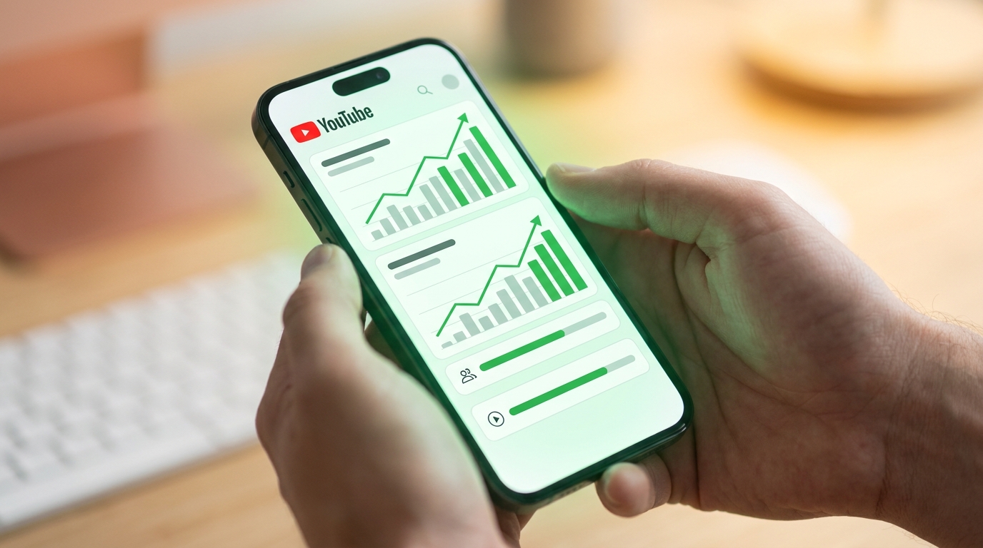 Smartphone screen showing YouTube monetization metrics like subscribers and watch hours, representing the path to earning money from faceless YouTube channels.