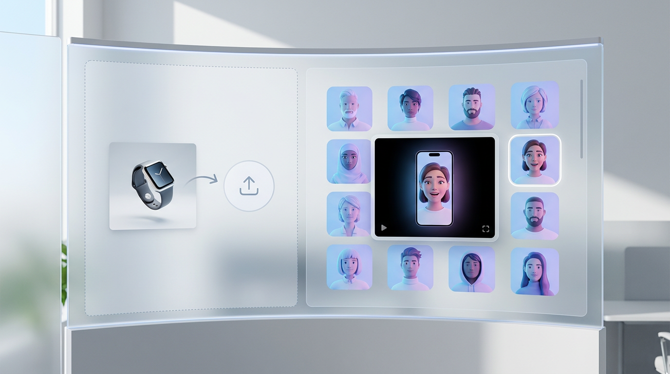 Screenshot of an AI UGC ad platform workflow demonstrating uploading a product and selecting an AI avatar.