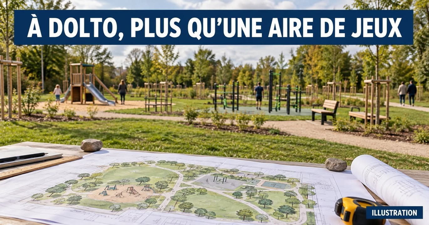 Un plan coloré d'un parc avec des arbres et des jeux, posé sur une table avec des outils, devant un parc réel.