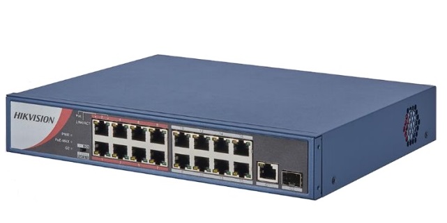 Switch mạng 16 cổng PoE 100M, 1 cổng uplink 1000M, 1 cổng SFP độc lập 10/100/1000M , Layer 2 Hikvision DS-3E0318P-E/M(B)