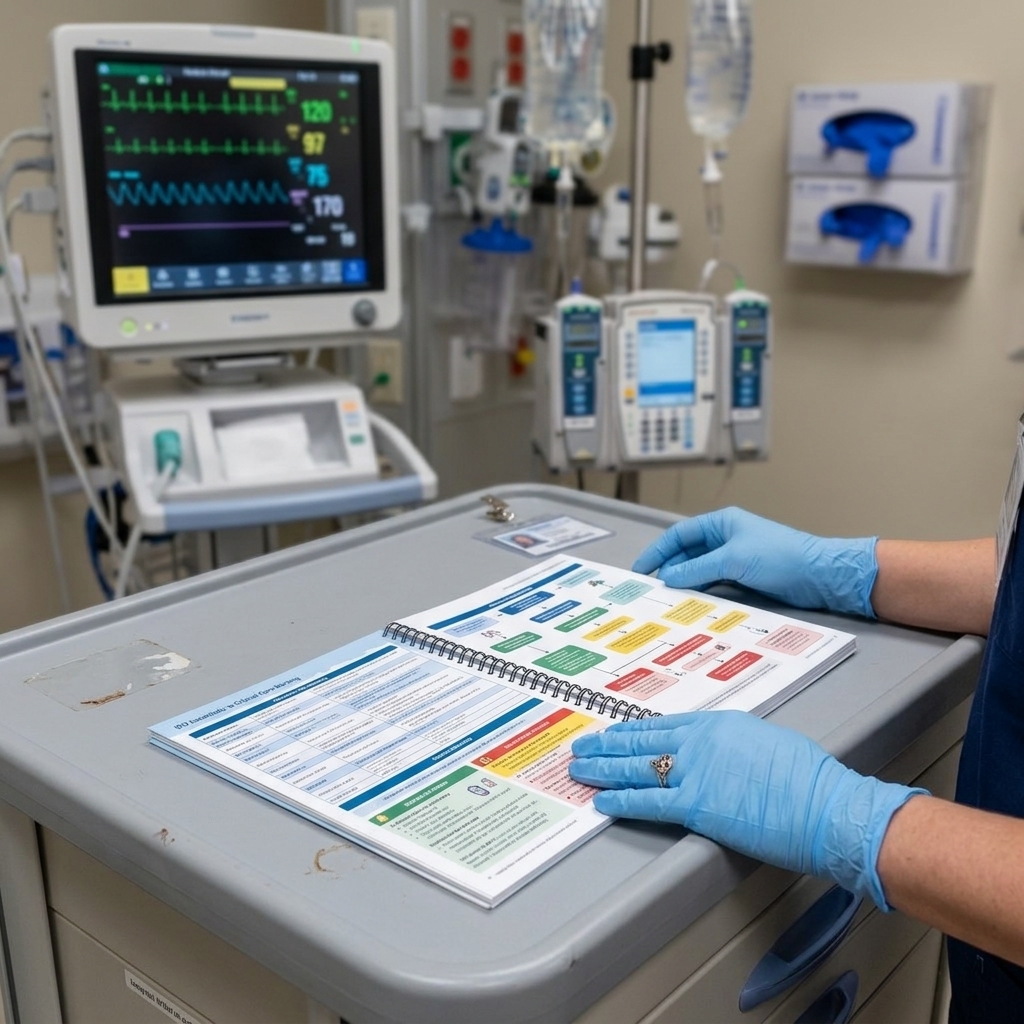 Nurse hands holding ICU Essentials book flat open