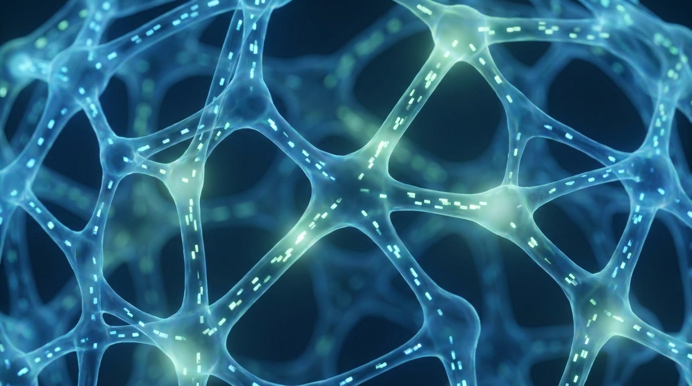 Abstract representation of data flowing through a neural network, illustrating GGUF quantization for efficient local LLM deployment.