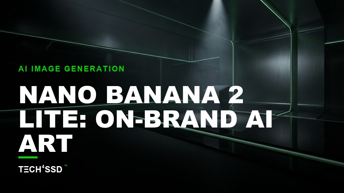 A stylized banana with digital circuits, glowing with neon green light, generating consistent on-brand graphics in a futuristic, dark setting.