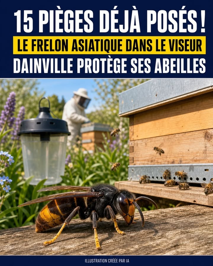 Un frelon asiatique noir et jaune se tient au premier plan sur une planche de bois, avec des ruches, des abeilles et un apiculteur en arrière-plan.