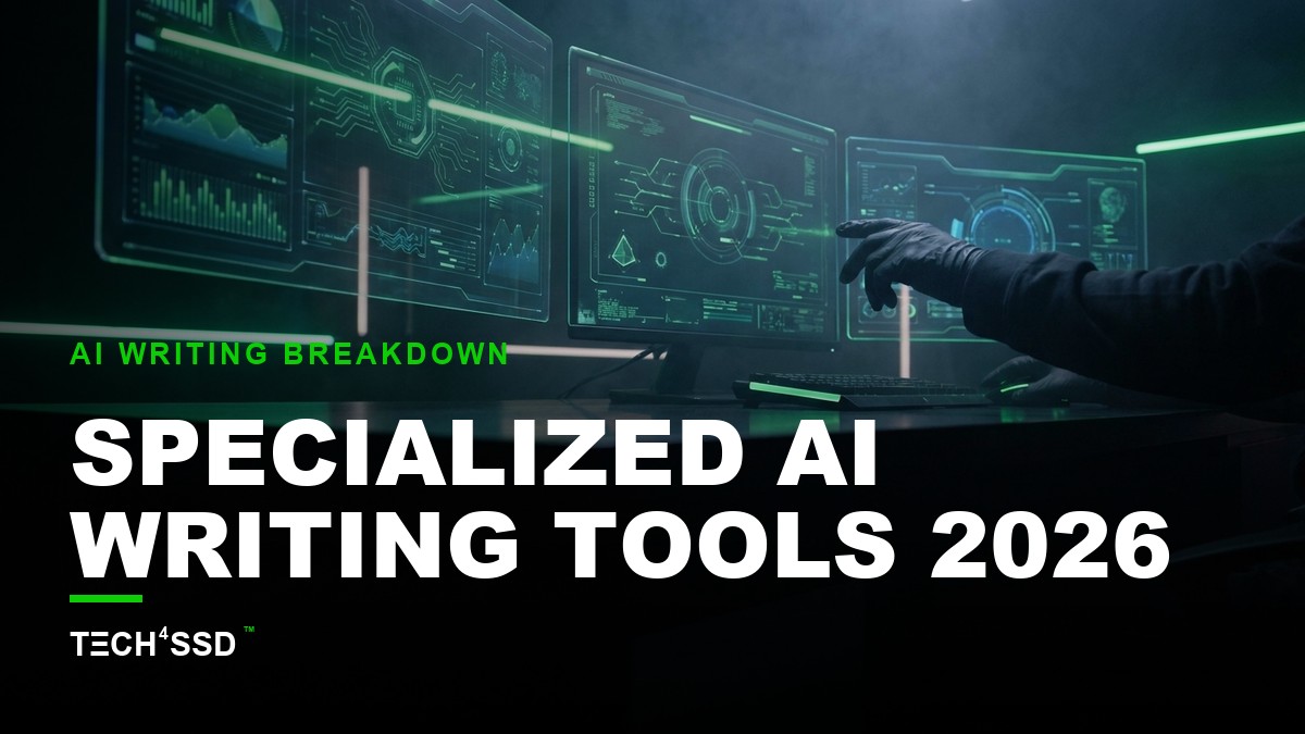 Futuristic digital workspace with various AI interfaces displayed on screens, showing graphs, style guides, and long-form document editing, representing specialized AI writing tools.