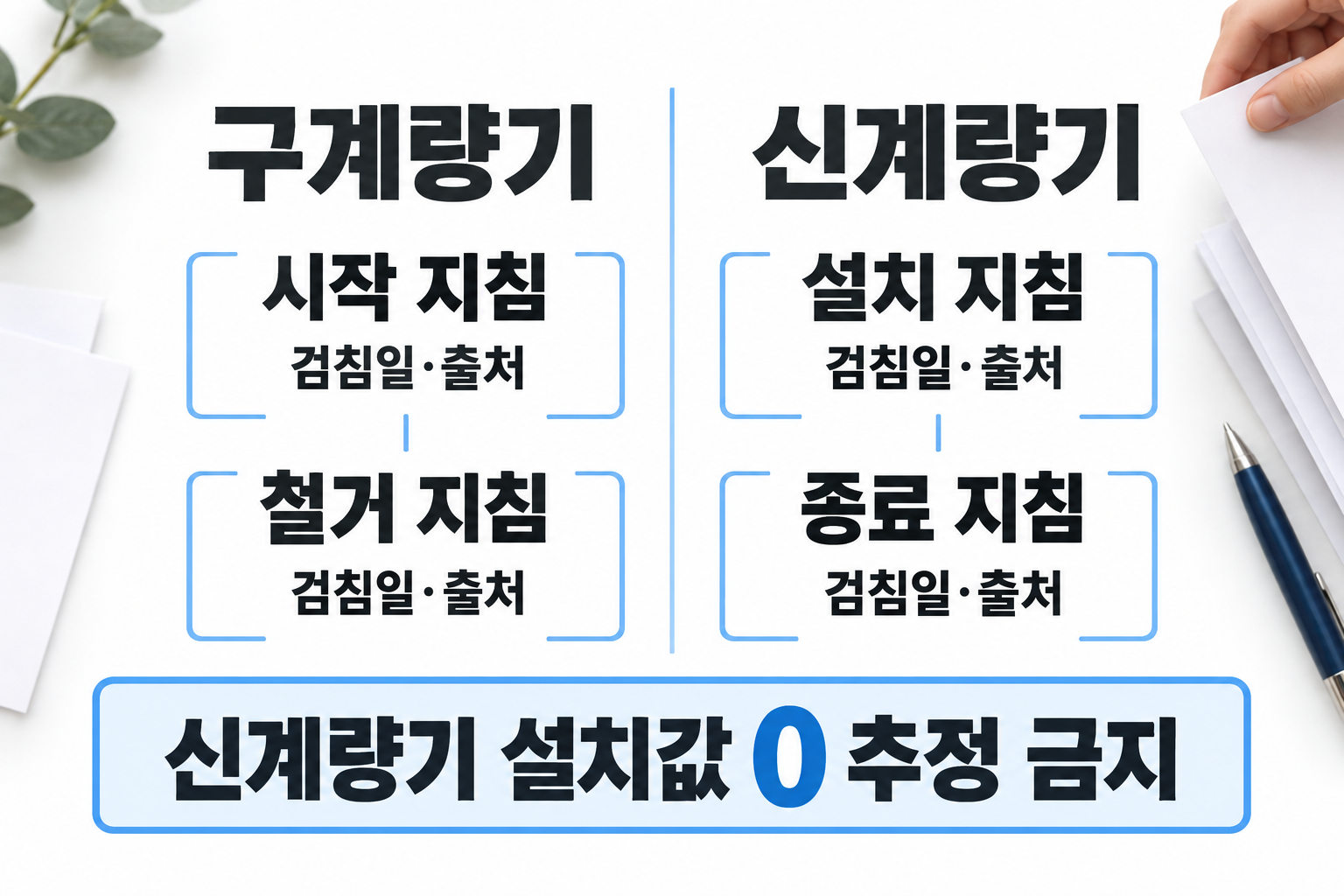 도시가스 검침 기록을 비교하는 편집 자료. 왼쪽 큰 제목 구계량기 아래 시작 지침 / 철거 지침, 오른쪽 신계량기 아래 설치 지침 / 종료 지침. 각 항목 옆 검침일·출처라는 짧은 보조만. 하단 신계량기 설치값 0 추정 금지. 무지 기록지와 펜을 정리하는 손의 자연스러운 사진을 화면 가장자리15%에만 사용. 계량기 실물·숫자 지침·원형 수도계량기·가스배관·분해장치 일절 그리지 않는다. 사진은 AI 생성 상황 이미지, 정보는 설명용 편집 자료. 모바일375px에서 두 열 네 지침과 하단주의가 읽혀야 한다.