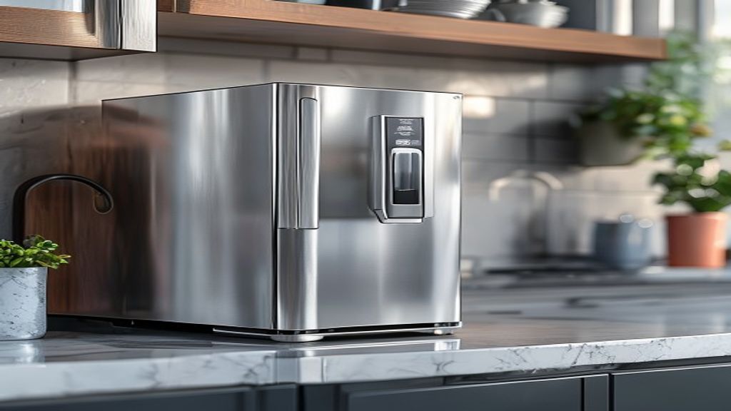 Stainless steel undercounter ice maker installed beneath a modern kitchen counter