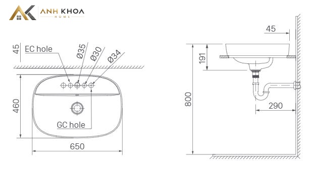 bản vẽ kỹ thuật chậu rửa đặt bàn Inax AL-652V