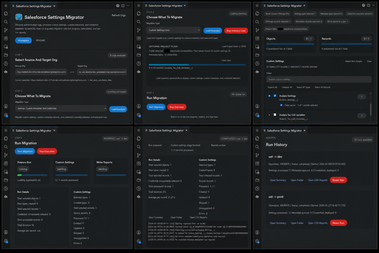 Salesforce Settings Migrator application workflow