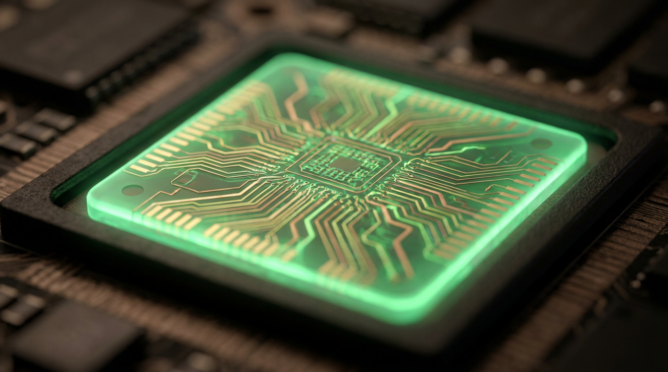 Close-up of a glowing green OpenAI Jalapeño custom AI chip