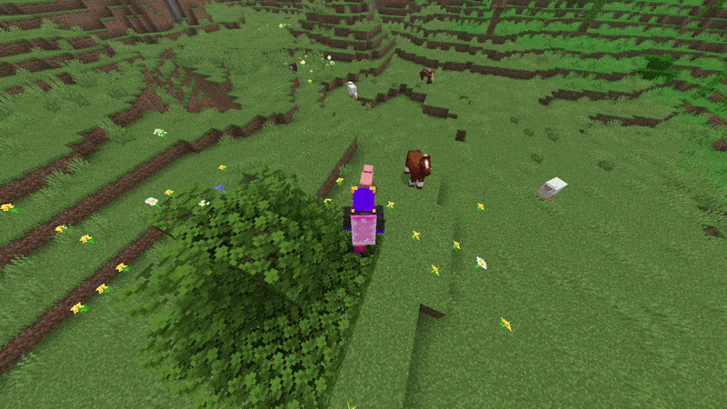 A Player stomping onto an innocent Pig below using Wonky Boots enchanted with Stomping.