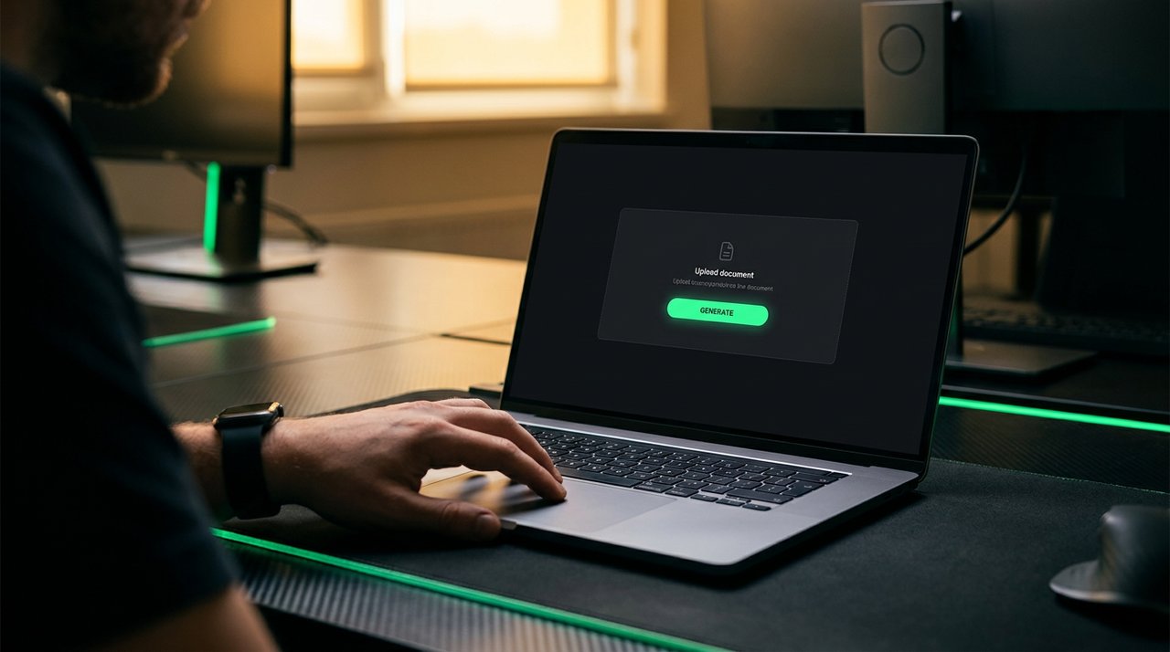 A laptop showing a document upload screen with a glowing green generate button