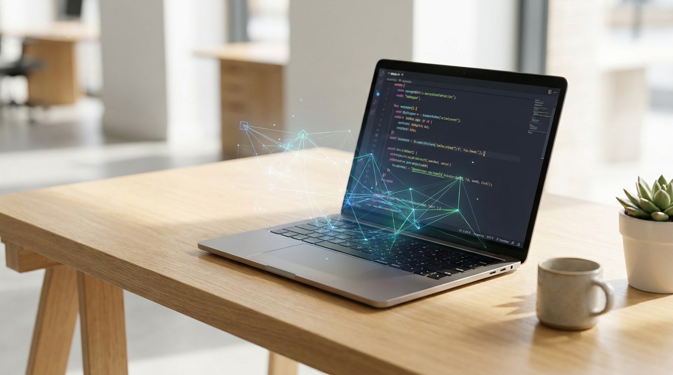 Modern workspace with a laptop displaying code, representing Claude Opus 4.8's enhanced coding capabilities for AI agents.