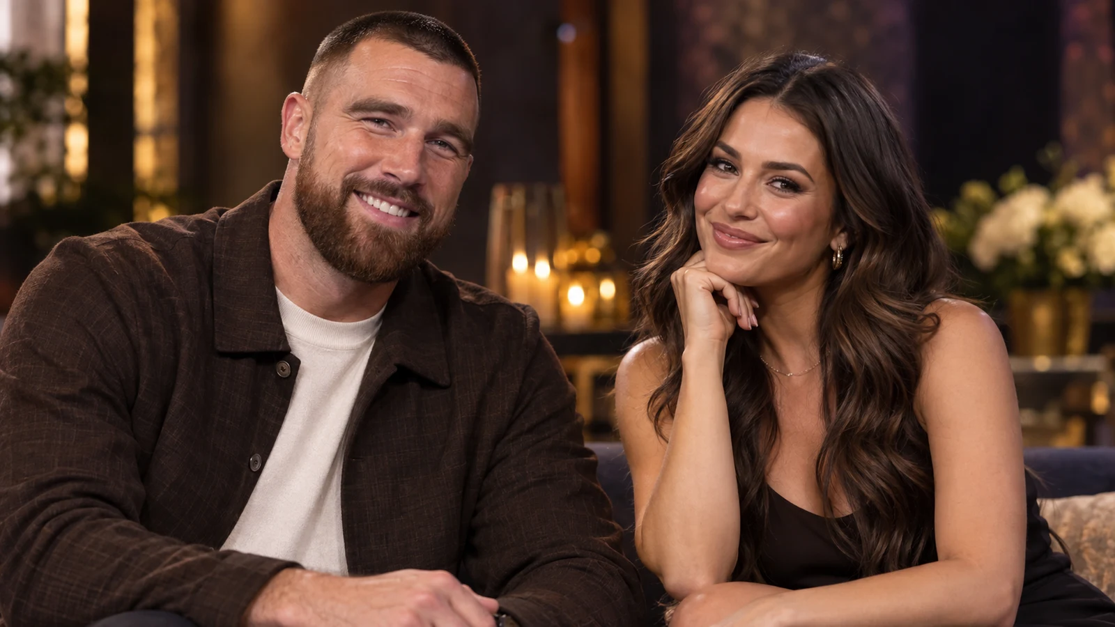 AI editorial composite showing Travis Kelce and Veronica Harwood