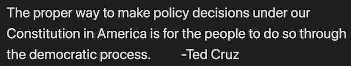 The proper way to make policy decisions under our Constitution in America is for the people to do so through the democratic process. -Ted Cruz