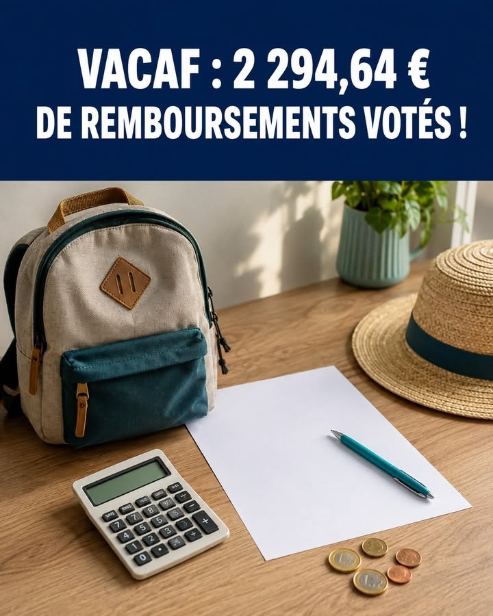 Sac à dos beige, calculatrice, stylo, feuille et pièces sur table bois, avec chapeau paille et plante en arrière-plan.
