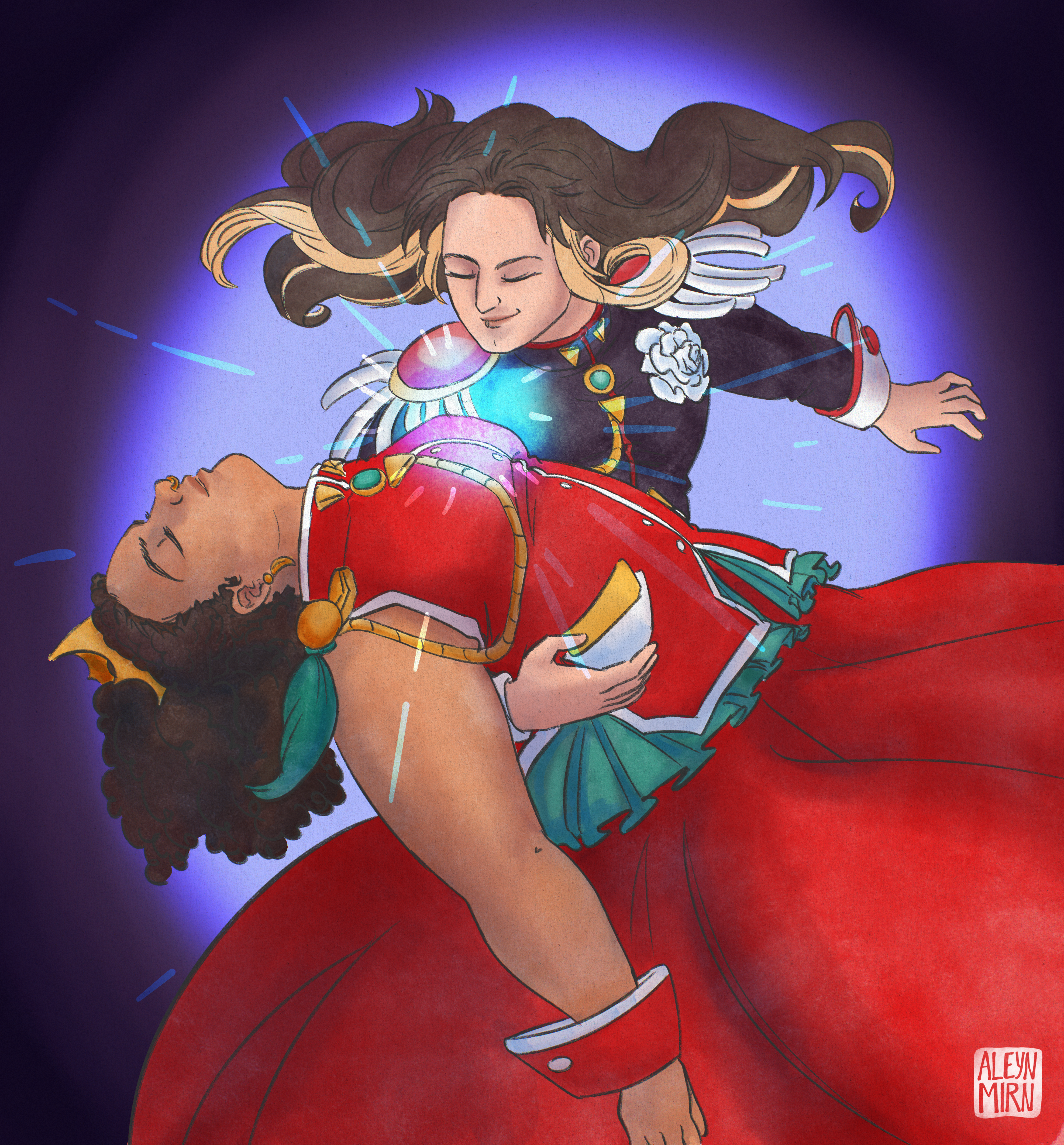 Ilustration of pro wrestlers kris statlander and willow nightingale. They are dressed as Utena Tenjou and Anthy Himemiya respectively, posing like the show’s iconic transformation sequence