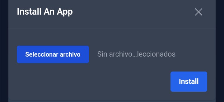 Una ventana de diálogo digital para la instalación de una aplicación. La ventana, de color azul oscuro, contiene un título, dos botones azules y un texto informativo. El texto es blanco. Arriba a la izquierda, 