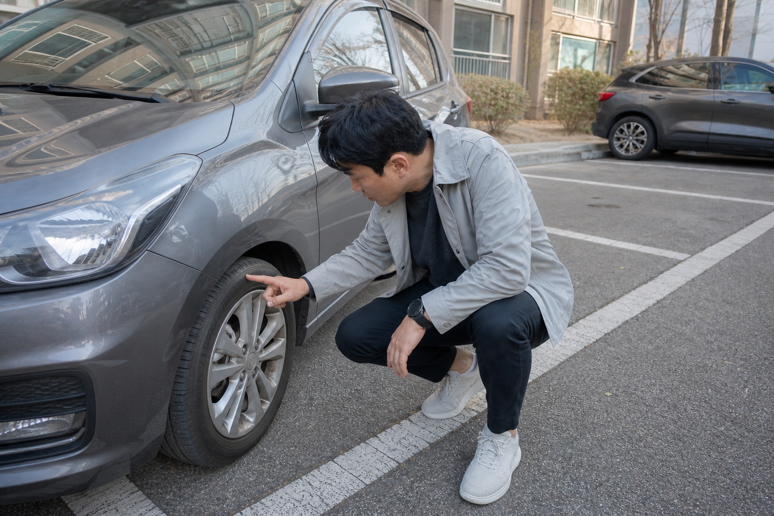 차량 네 바퀴의 옆면 손상과 마모 상태를 확인하는 모습