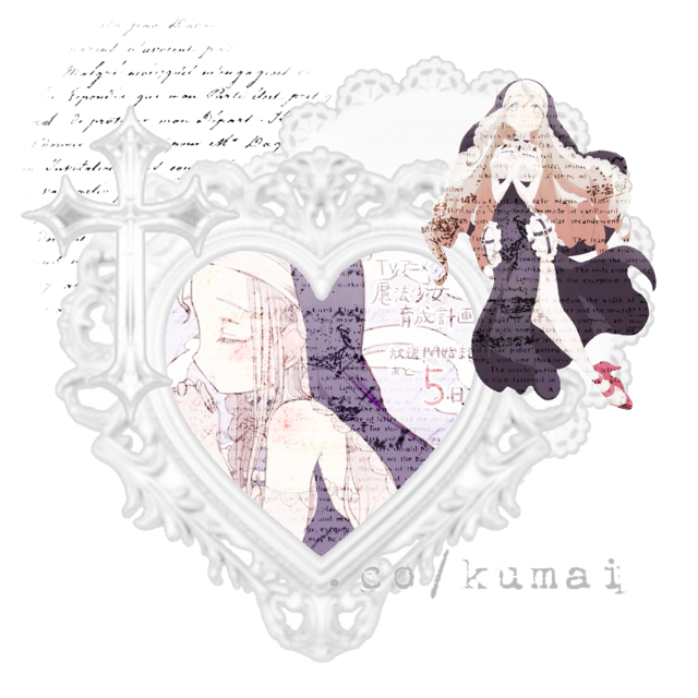 A graphic of Sister Nana from Magical Girl Raising Project. Nana's picture is in a heart frame, with a lace doilie behind it, and there is a fullbody image of her slightly above it.  Click on the image to see the rest of the information.