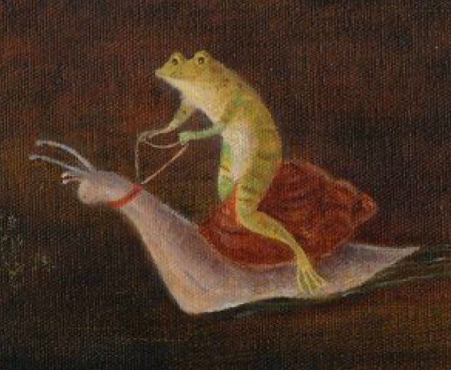 painting of a frog riding a snail like a horse