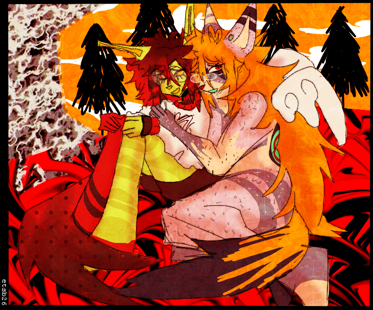 A vibrant image of two anthropormorphic characters huddling together. No species is clear for either of them