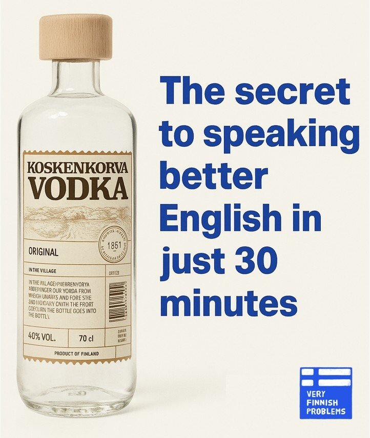 Finnish language meme showing Koskenkorva vodka bottle as the secret to speaking better English in just 30 minutes