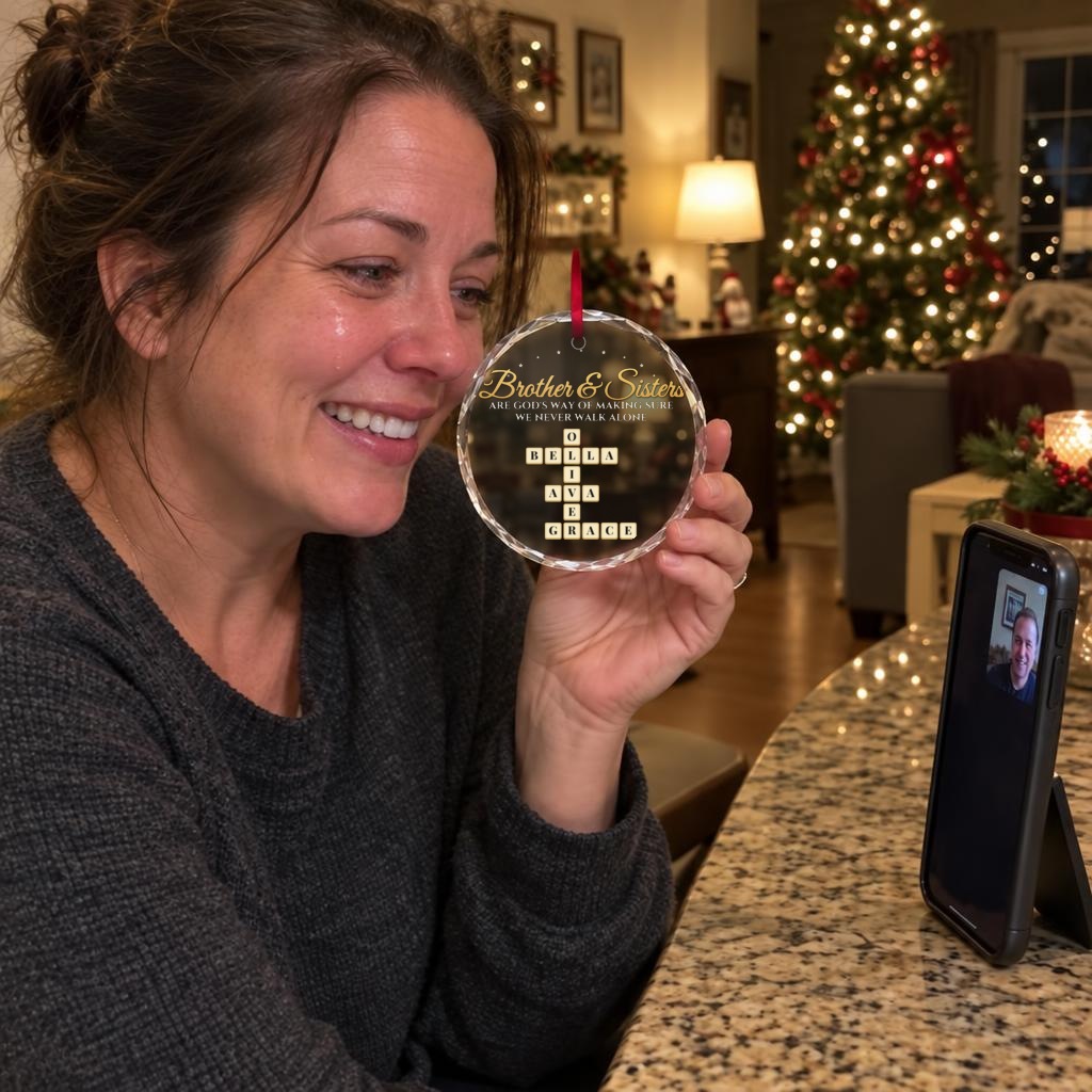 Woman showing the ornament on a video call