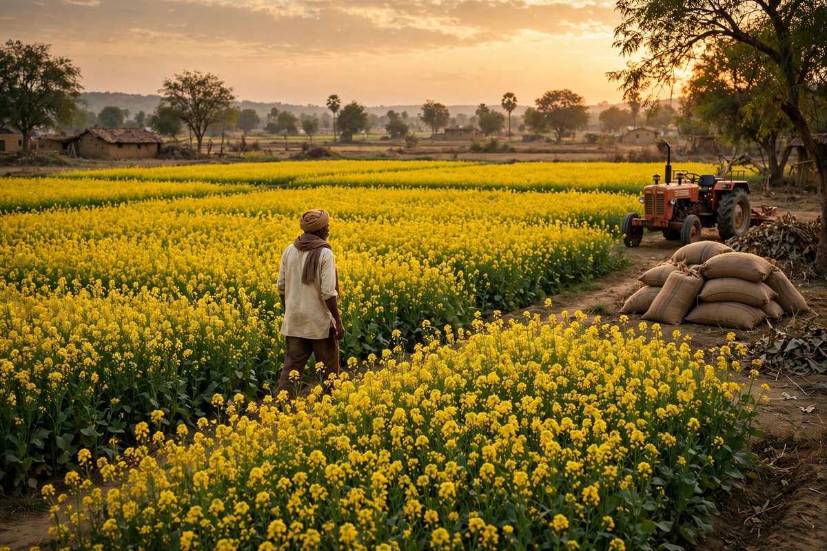 खेत में सरसों के पीले फूल और किसान