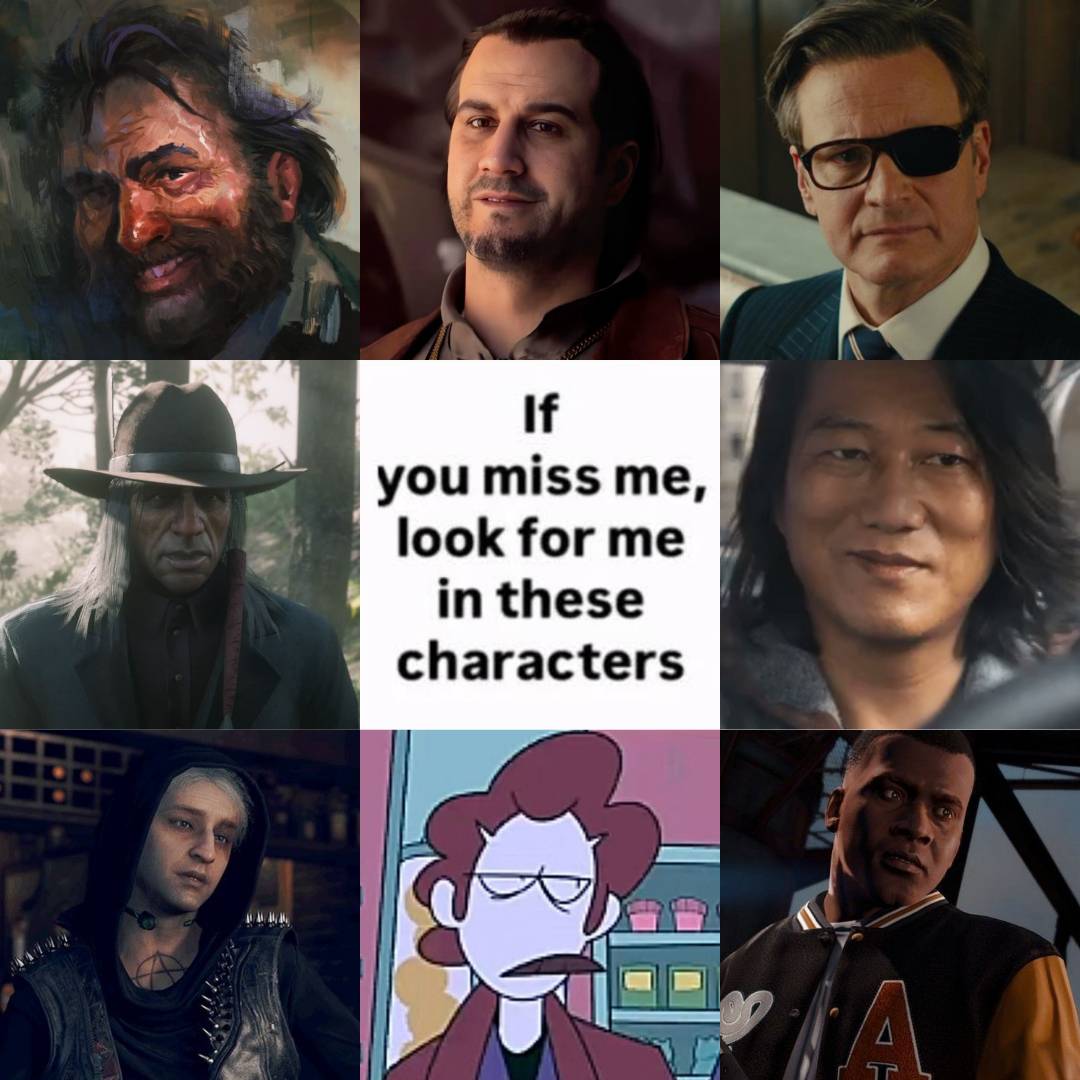 from left to right: harry dubois (disco elysium), nikolai (call of duty), harry hart (kingsman), rain falls (red dead redemption), han lue (fast & furious), wrench (watch dogs), john (spooky month), and franklin clinton (grand theft auto