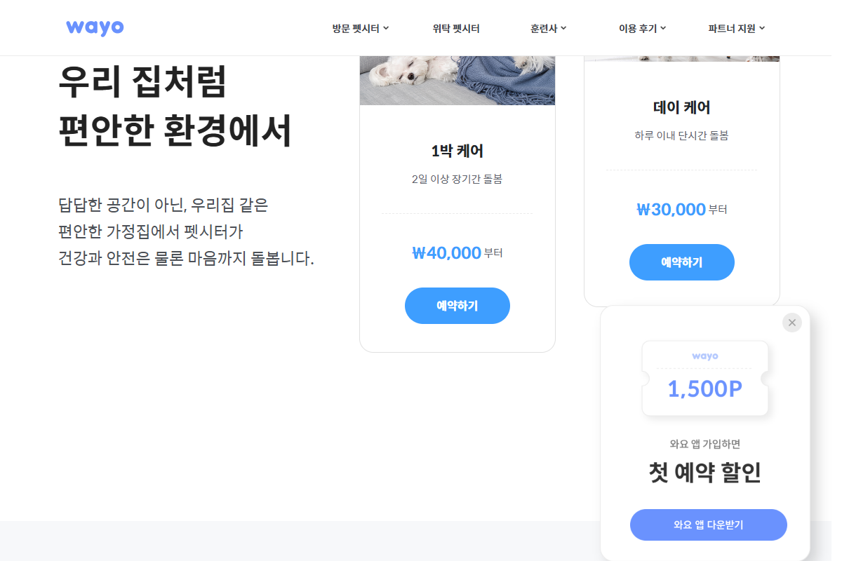 펫플래닛의 1박 케어와 데이 케어 시작가 표시