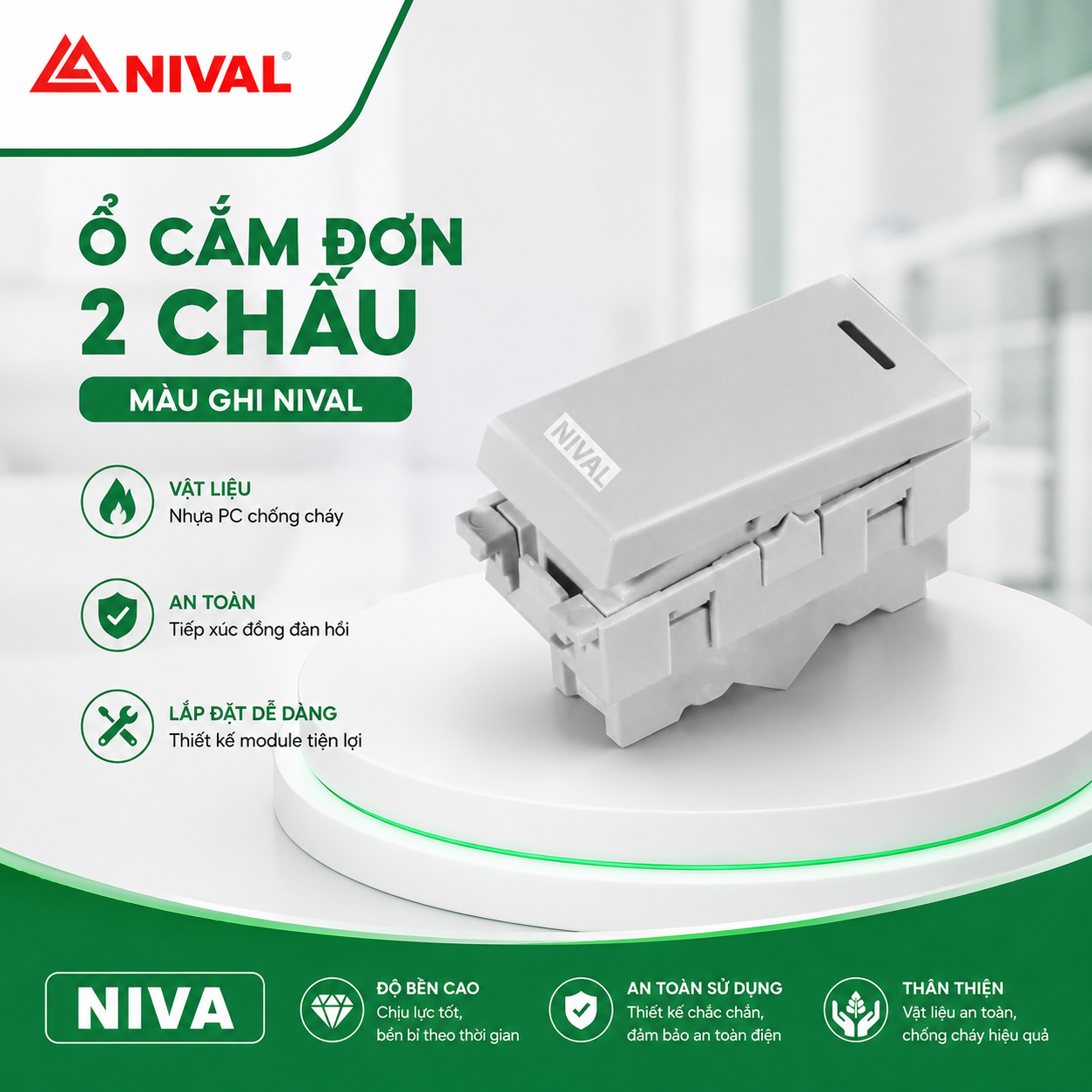Ổ cắm đơn 2 chấu - màu ghi Nival