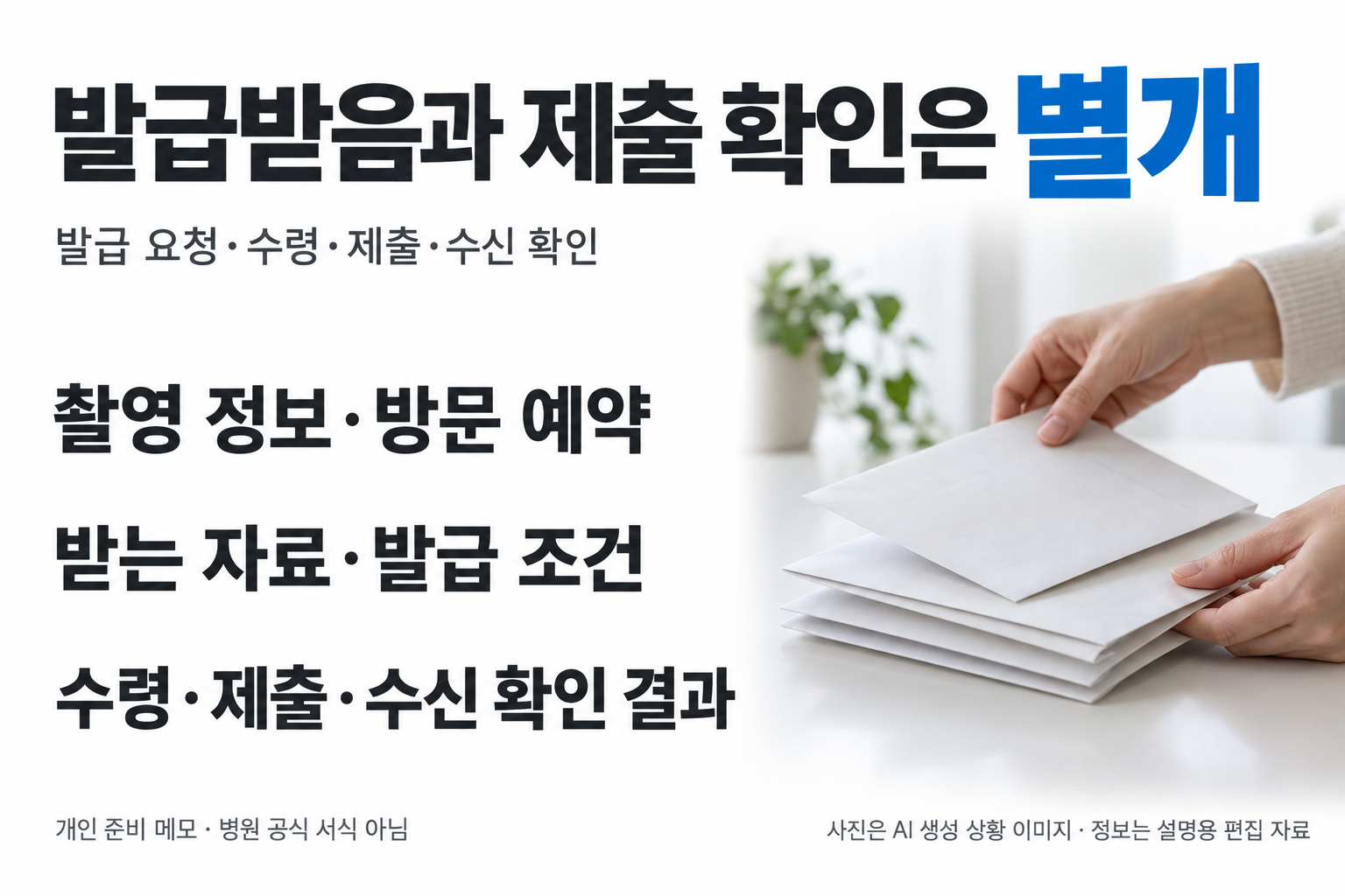 CT 자료 인계 때 남길 항목을 세 큰 그룹: 촬영 정보·방문 예약 / 받는 자료·발급 조건 / 수령·제출·수신 확인 결과. 오른쪽에는 무지 자료봉투를 정리하는 손 사진. 빈칸 표·상자·화살표·실제 의료문서 없음. 개인 준비 메모이며 병원 공식 서식 아님. 발급받음과 제출 확인은 별개를 크게.