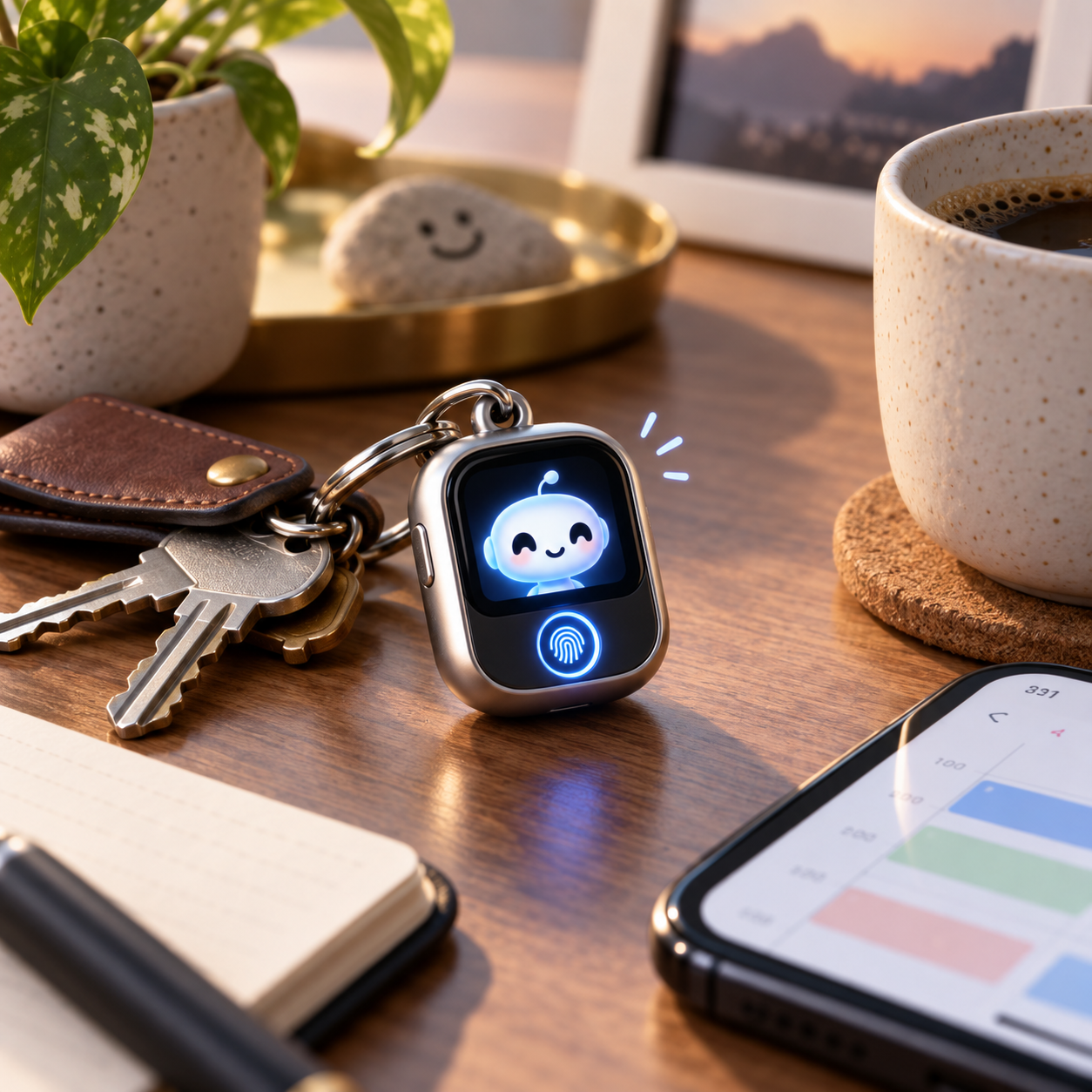 A small AI assistant keychain device on a desk.