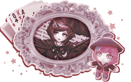 A graphic of Himiko Yumeno, the frame transitions to 4 pieces of official artwork of her, it has a plush of her on it and a deck of cards. It is also decorated with stars| by lavendergalactic