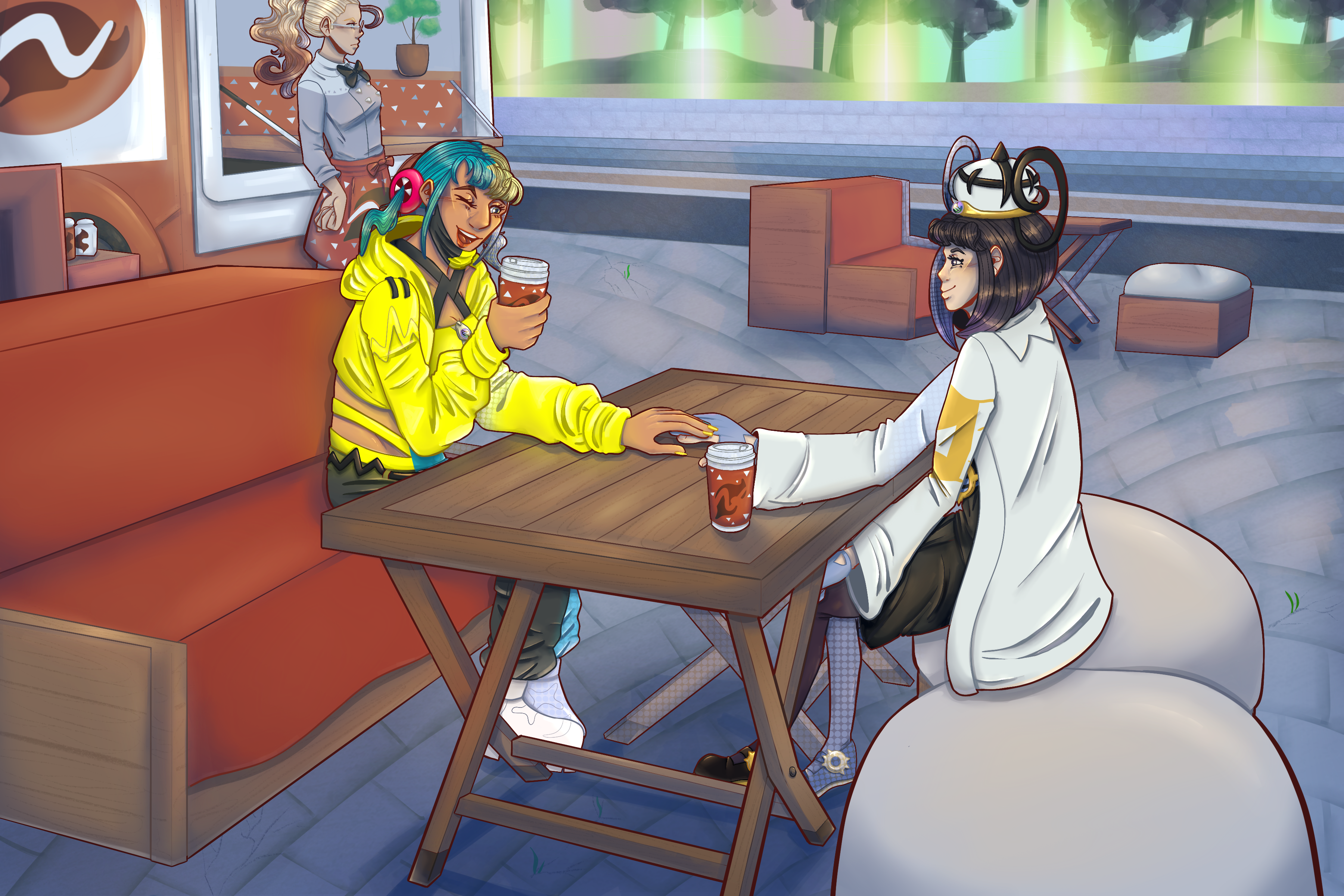 Canary and Gwynn on a café date.