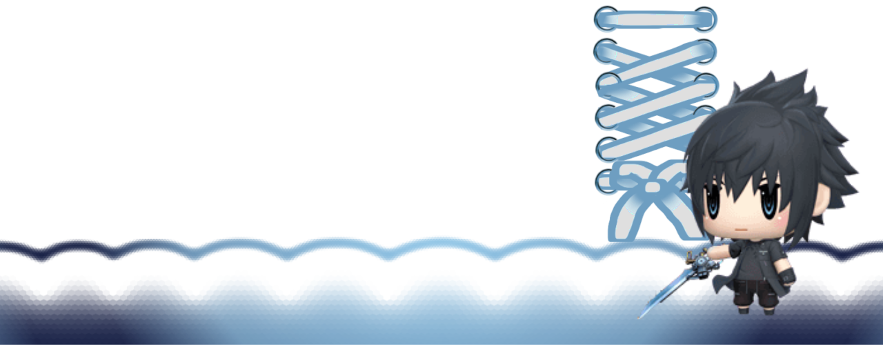 image of noctis from world of final fantasy with a blue bow graphic behind him and a gradient graphic below him