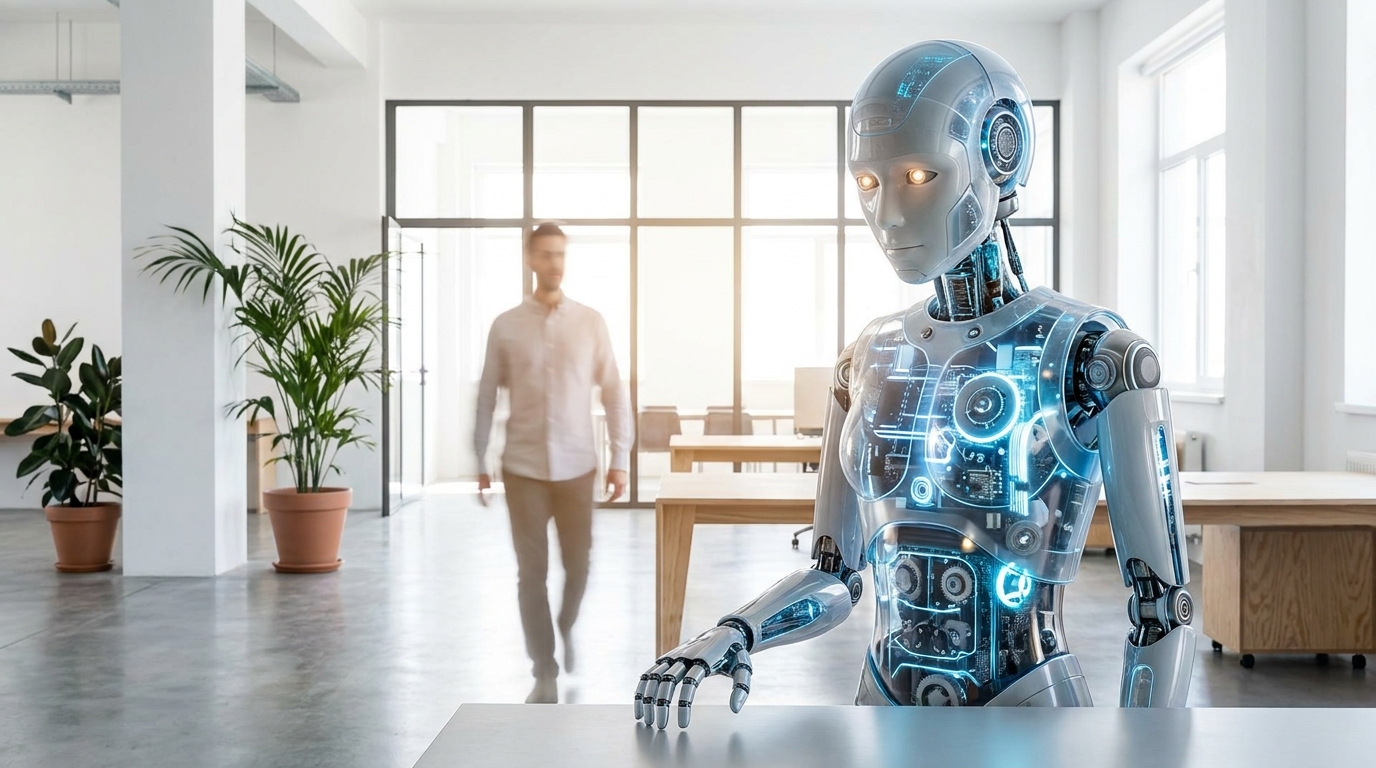 Humanoid robot pausing operations due to human proximity, demonstrating Gemini Robotics 2 safety features.