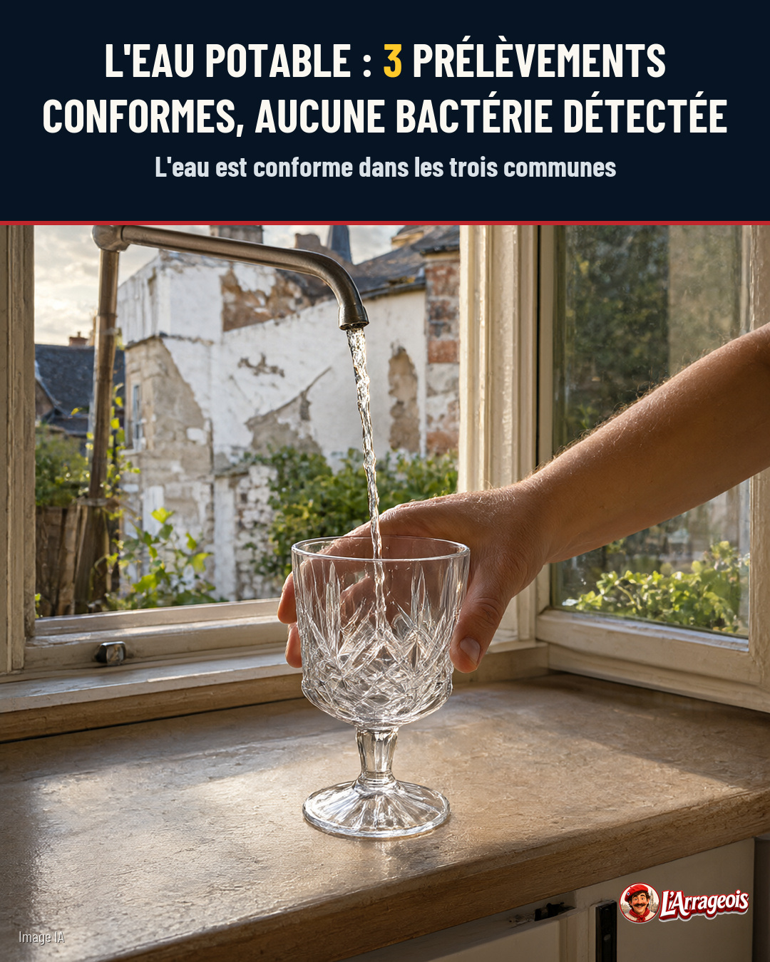 Une main verse de l'eau du robinet dans un verre en cristal posé sur un rebord de fenêtre, avec des bâtiments anciens visibles à l'extérieur.