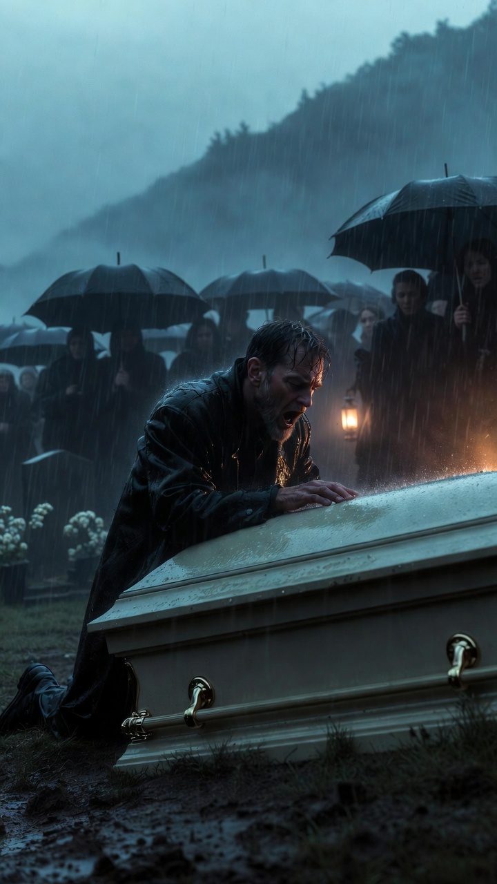 Rain Poured Across The Cemetery While Mourners Stood Beneath Black Umbrellas, Watching The Coffin Begin To Move