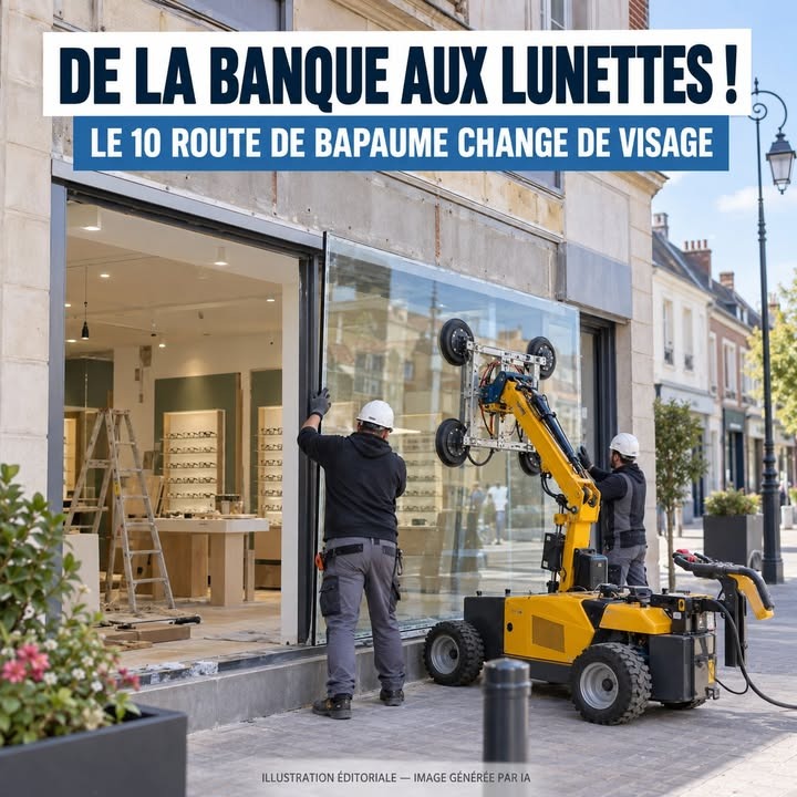 Deux ouvriers en casque blanc posent une grande vitre sur une façade avec une élévatrice jaune, devant une boutique rénovée.