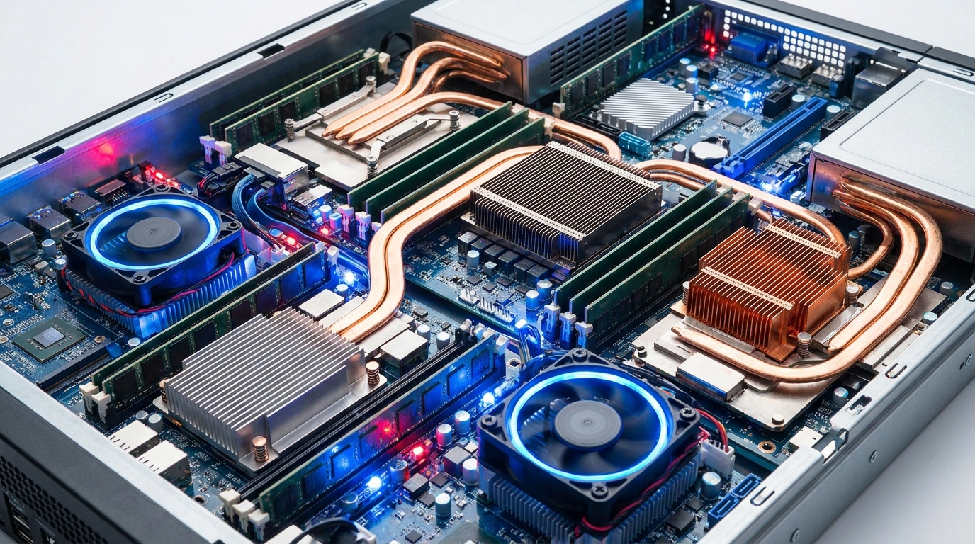 Close-up of a high-performance server rack, highlighting the intricate circuitry and cooling systems of Azure AMD AI infrastructure.