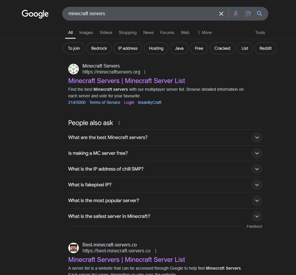 Minecraft Servers on Google