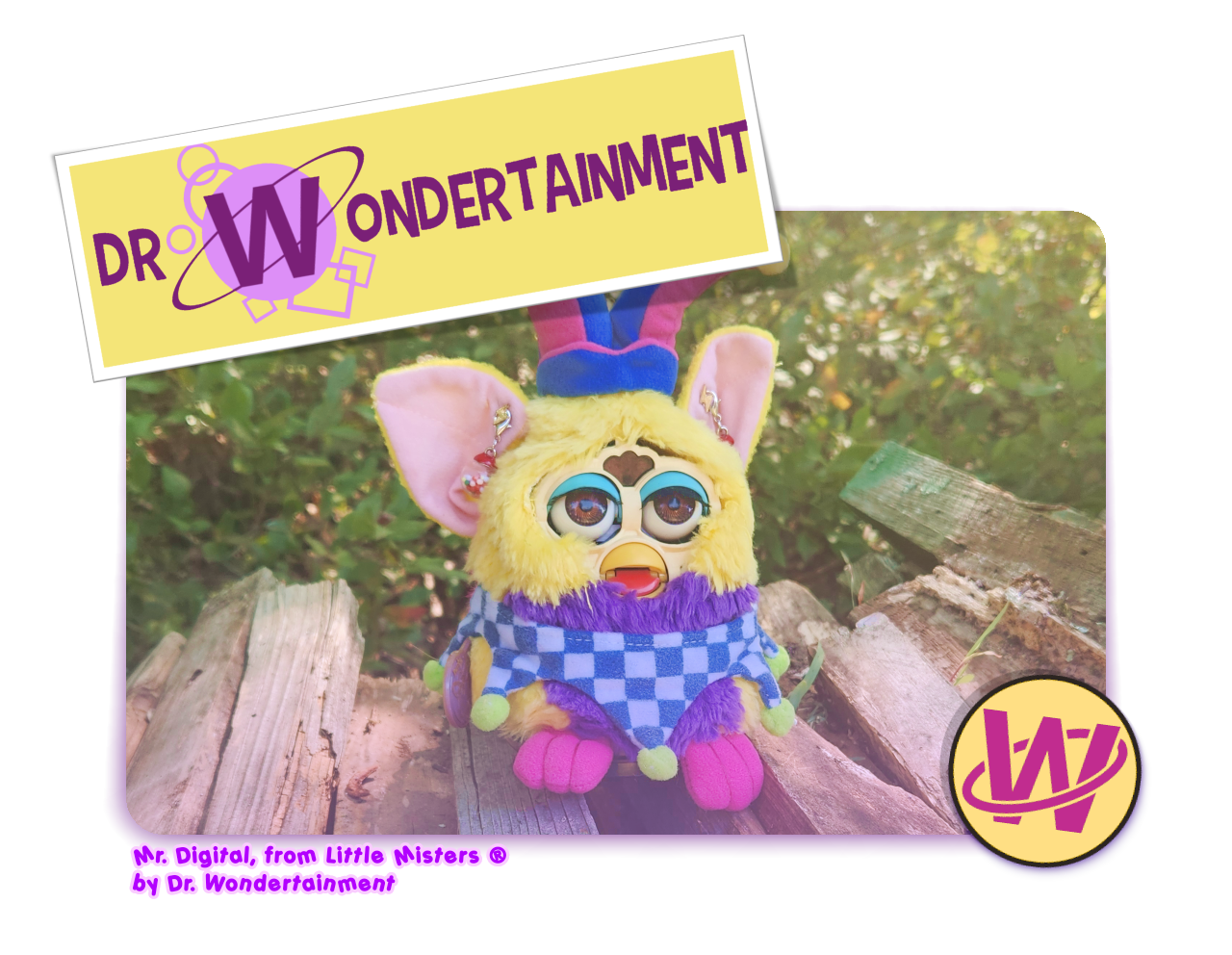 banner featuring the dr. wondertainment logo and a jester furby, followed by the tagline "mr. digital, from little misters by dr. wondertainment."