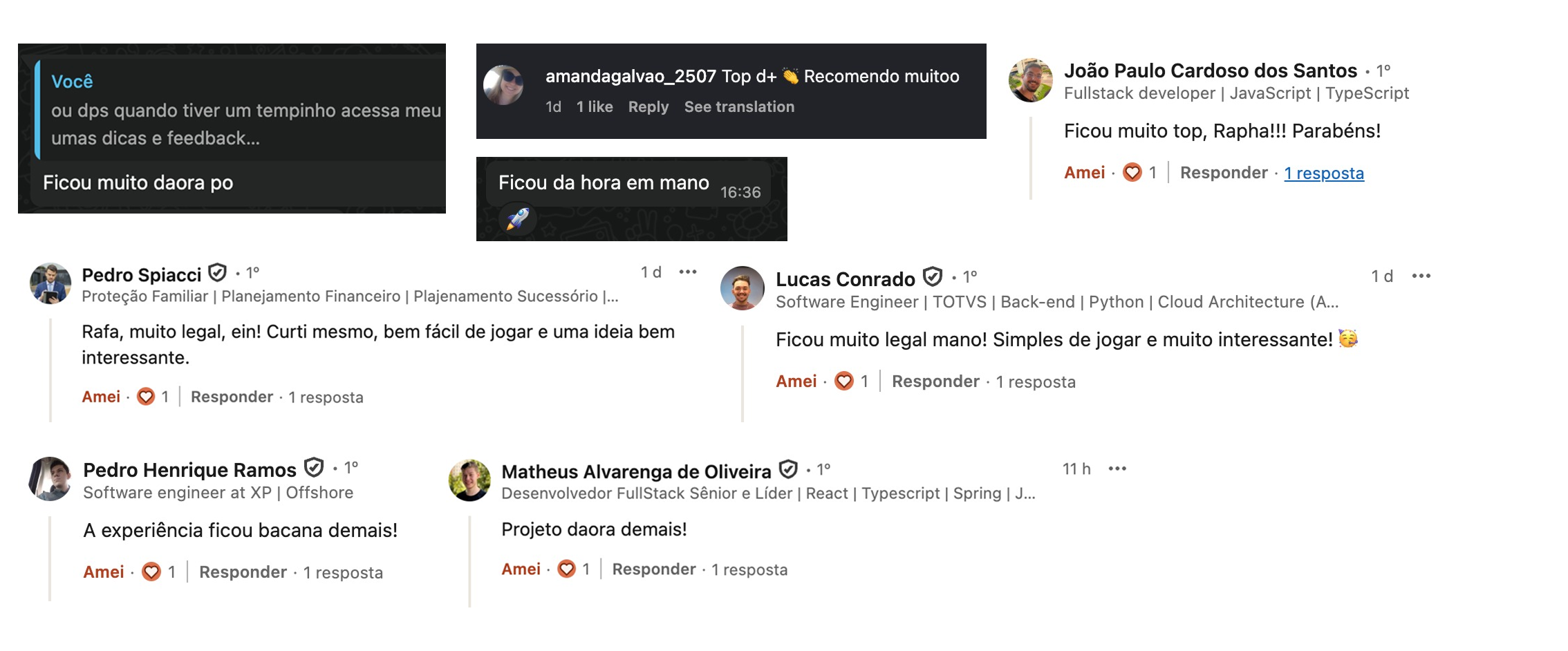 prints de feedbacks do jogo