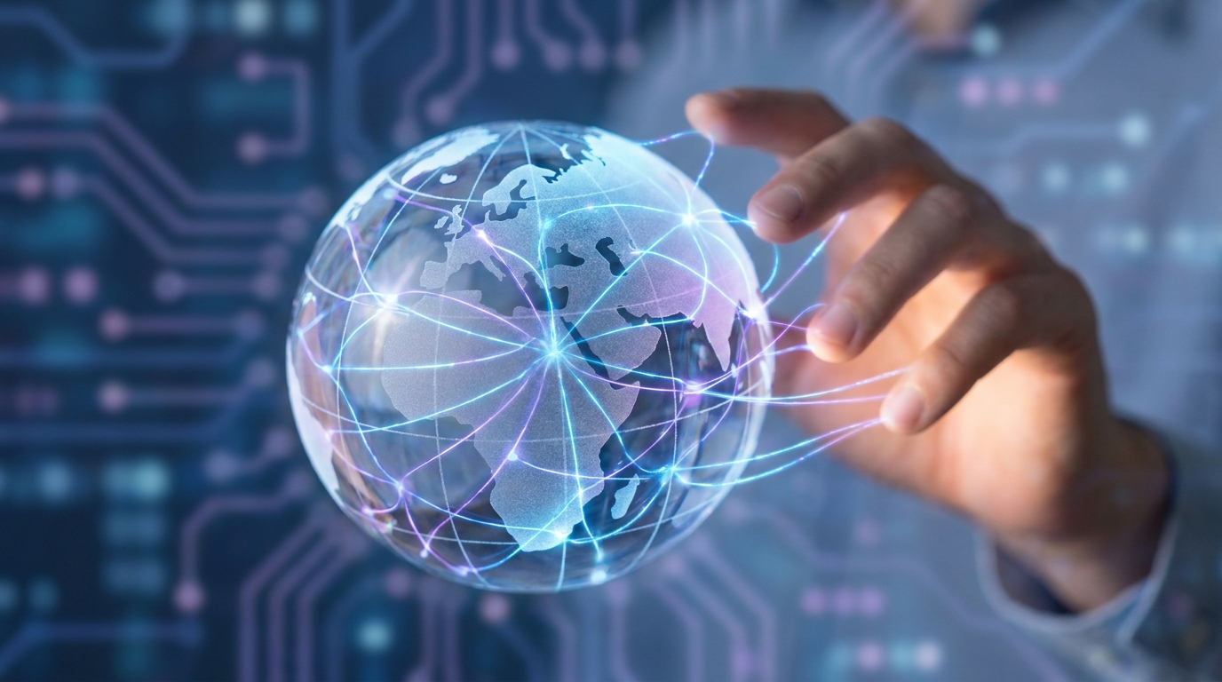 A human hand guiding neural network lines on a globe, symbolizing global AI governance and human control.