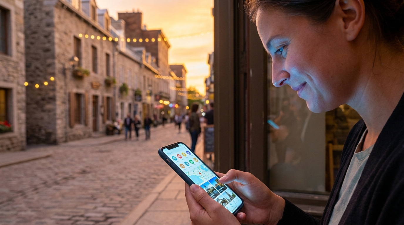 Person smiling while viewing a personalized travel itinerary on a smartphone, highlighting the ease of using AI travel planners.